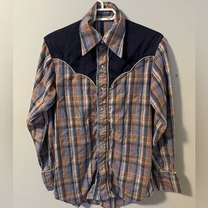 Men's Plaid Western Shirt with silver trim and pearl buttons